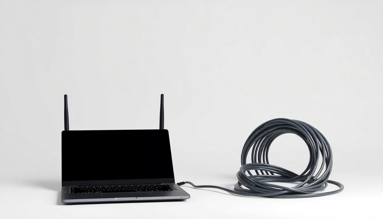 A minimalist studio still life photograph featuring a laptop, wireless router, and fiber optic cable, symbolizing the technology powering broadband connectivity.