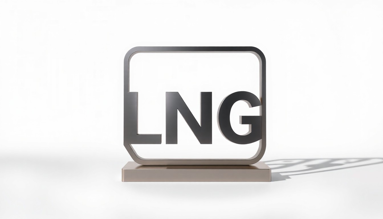 A highly detailed, photorealistic studio still life photograph featuring a sleek, geometric metal sculpture representing the Golden Pass LNG terminal, set against a clean, minimalist background with dramatic lighting and deep shadows, conceptually illustrating the impact of the new facility on Gulf Coast natural gas markets.