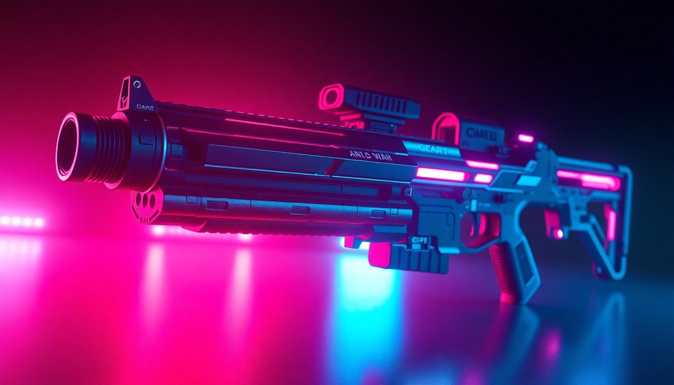 A highly detailed, glowing 3D illustration of a futuristic Gears of War weapon, such as a Lancer assault rifle, illuminated by neon cyan and magenta lights, conceptually representing the high-tech, cyberpunk aesthetic of the Gears of War universe.