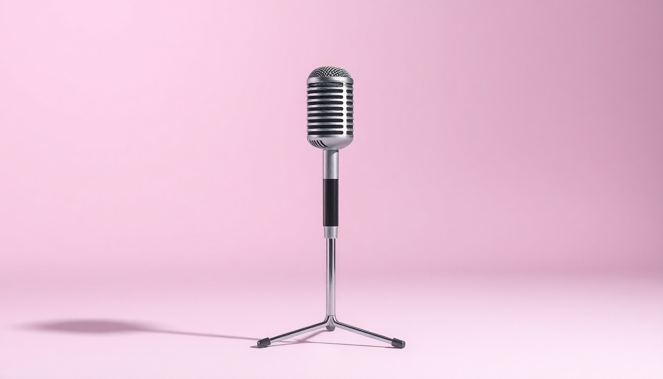 A close-up photograph of a polished, geometric karaoke microphone and stand arranged elegantly on a clean, monochromatic background, representing the abstract concepts of entertainment, connection, and the power of shared experiences.