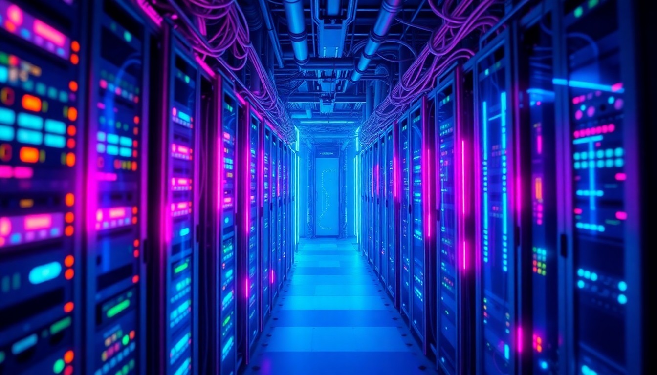A highly detailed, glowing 3D illustration of a complex data center infrastructure, with neon cyan and magenta lights illuminating the various servers, cables, and networking components, conveying the critical importance of secure and reliable data storage and backup systems.