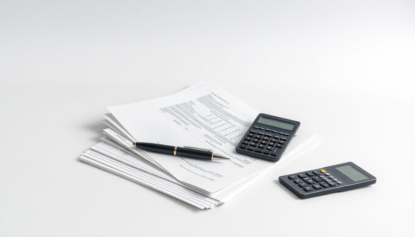 A photorealistic studio still life featuring a stack of financial documents, a pen, and a calculator arranged on a clean, monochromatic background, conceptually representing the abstract ideas of corporate finance, risk management, and regulatory compliance.
