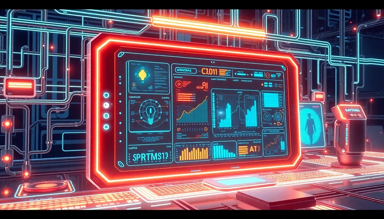 A highly detailed, glowing 3D illustration of a futuristic control panel surrounded by a network of interconnected cables and circuits, representing the integration of AI and smart technology into the commercial contracting industry.