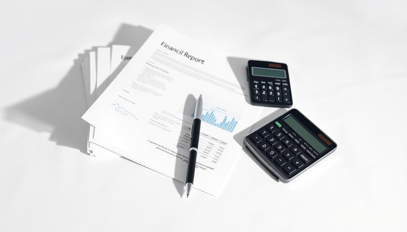 A minimalist studio still life photograph featuring a stack of financial reports, a pen, and a calculator arranged on a clean white background, conceptually representing the abstract corporate strategy and finance behind NewtekOne's quarterly earnings.