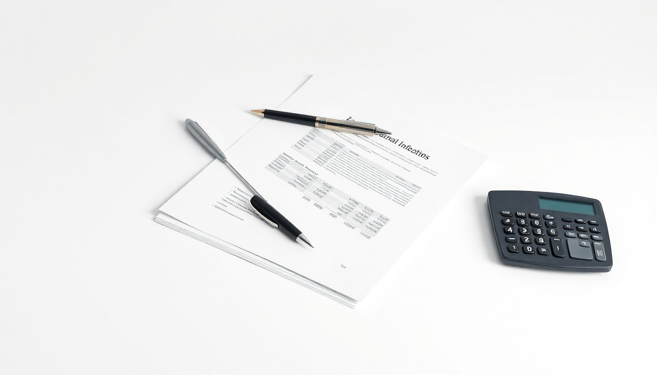 A minimalist, high-end studio still life photograph featuring a stack of financial documents, a pen, and a calculator arranged elegantly on a clean, monochromatic background, conceptually representing the merger and expansion of wealth management services.