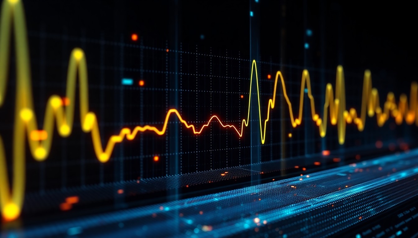 A highly detailed 3D illustration featuring glowing digital audio waveforms and spectral visualizations, representing the advanced signal processing technology used to analyze and optimize dialog intelligibility.