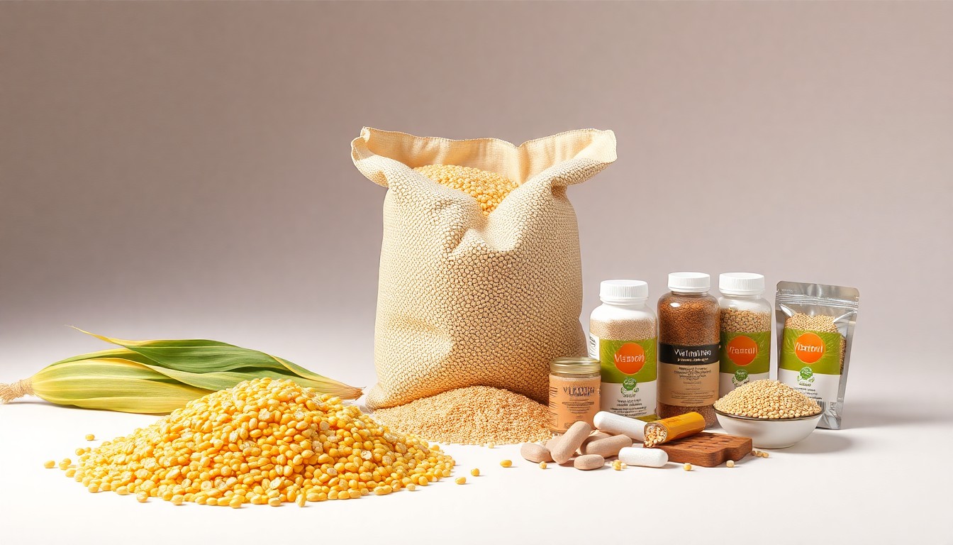 A high-end, photorealistic studio still-life photograph featuring a pile of freshly harvested corn kernels, a sack of soybean meal, and a collection of vitamin and mineral supplements arranged elegantly on a clean, monochromatic seamless background, conceptually representing the abstract concepts of agricultural processing, livestock feed production, and rural economic development.
