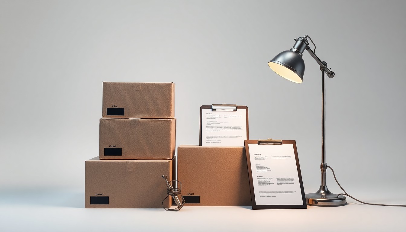 A minimalist studio still life photograph featuring a stack of shipping boxes, a clipboard with paperwork, and a vintage desk lamp in shades of grey, beige, and black, conceptually representing the expansion of a logistics company through tax credits.