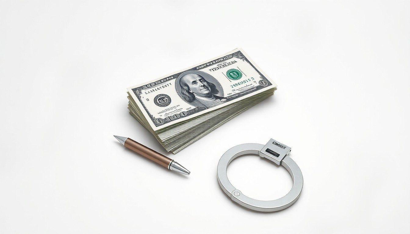 A minimalist studio still life photograph featuring a stack of dollar bills, a silver pen, and a pair of handcuffs, symbolizing the intersection of finance, crime, and justice.