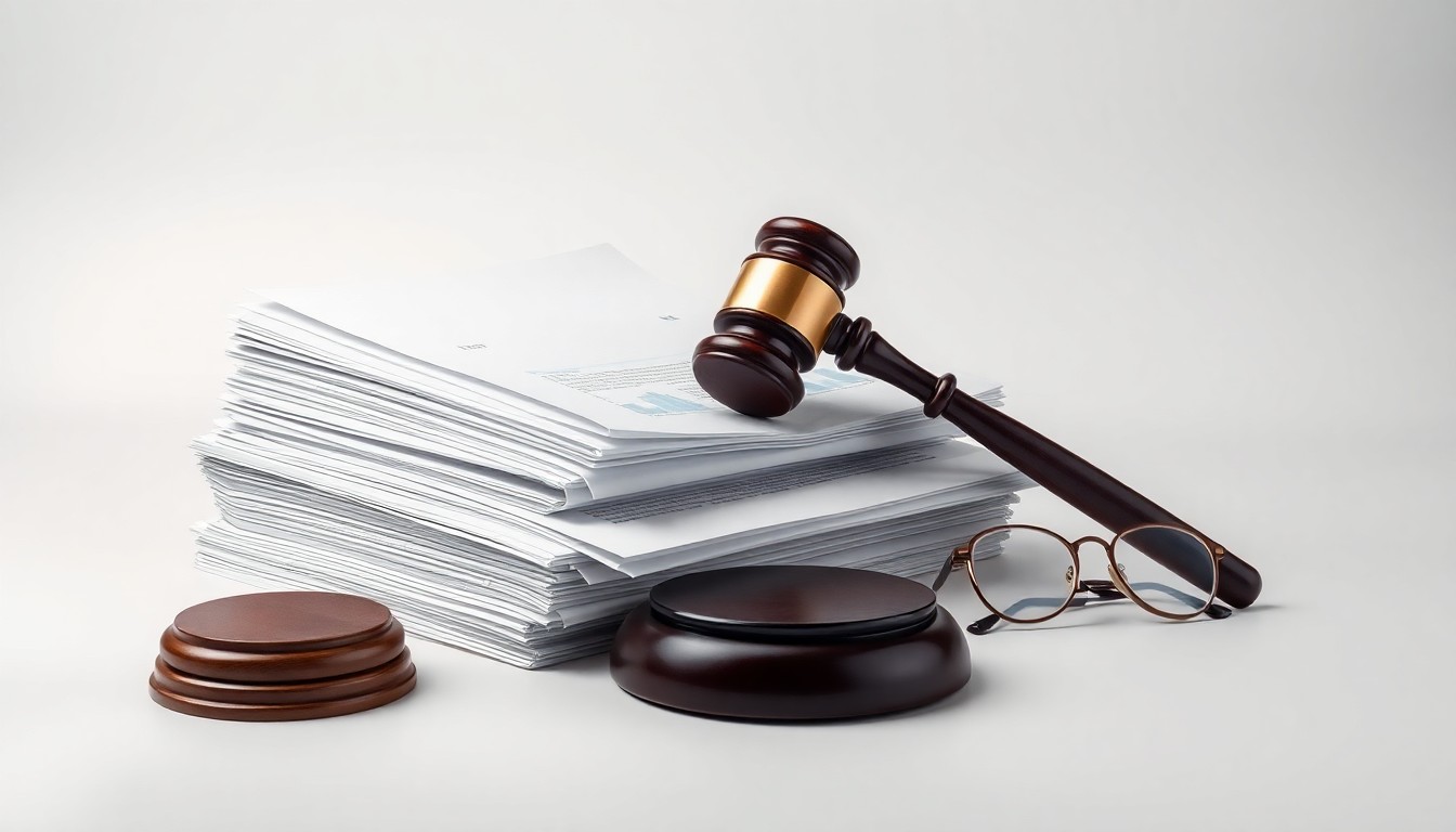 A photorealistic studio still life featuring a stack of legal documents, a gavel, and a pair of glasses arranged on a clean, monochromatic background, symbolizing the gravity and importance of a securities fraud lawsuit.