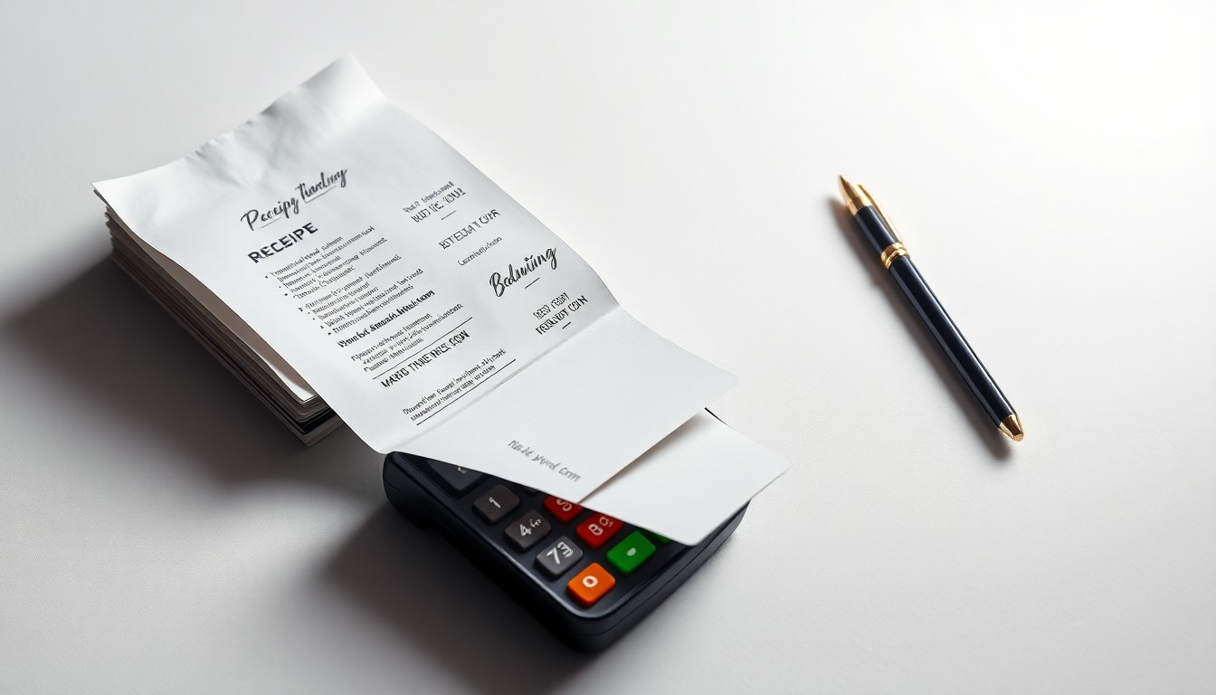 A high-end, photorealistic studio still-life photograph featuring a stack of paper receipts, a digital payment terminal, and a pen, all arranged elegantly on a clean, white seamless background. The objects are made from polished materials and use dramatic lighting to represent the abstract concepts of financial transparency and the evolving dynamics between restaurants, payment platforms, and diners.