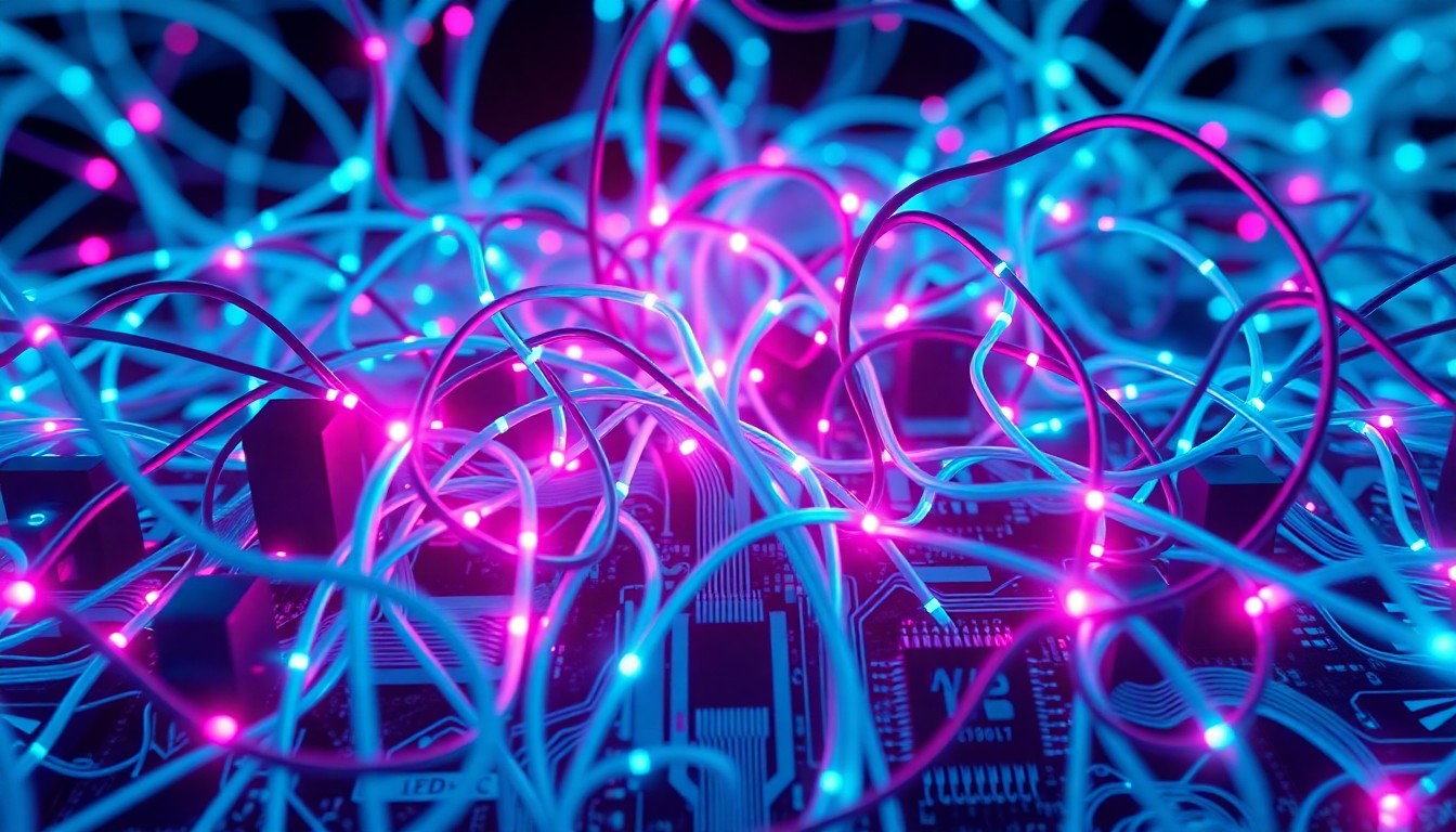 A highly detailed, glowing 3D illustration of a complex network of fiber-optic cables and circuit boards, representing the interconnected nature of AI-powered digital manipulation and the blurring of reality and fiction online.