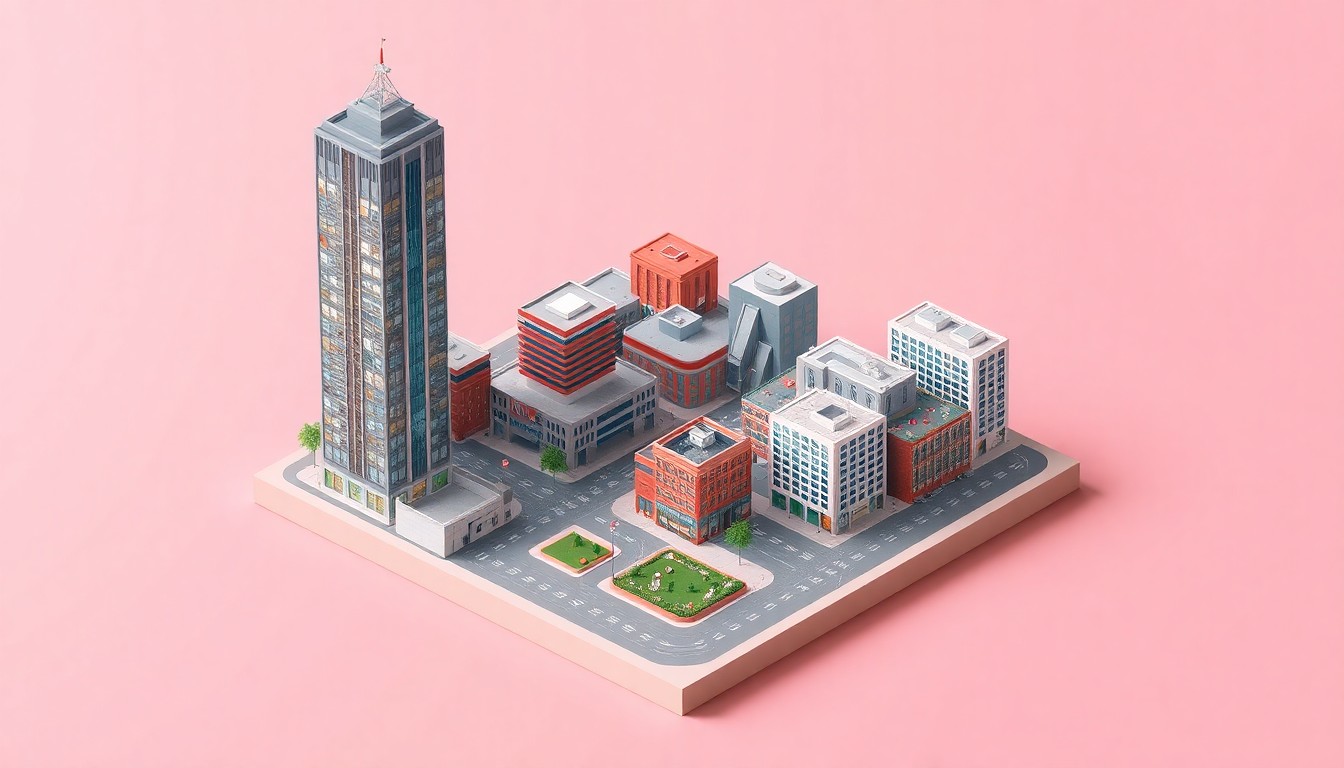 A miniature, stylized 3D digital illustration of the Stead 220 tower and surrounding cityscape, featuring bold colors, clean lines, and a playful, editorial composition.