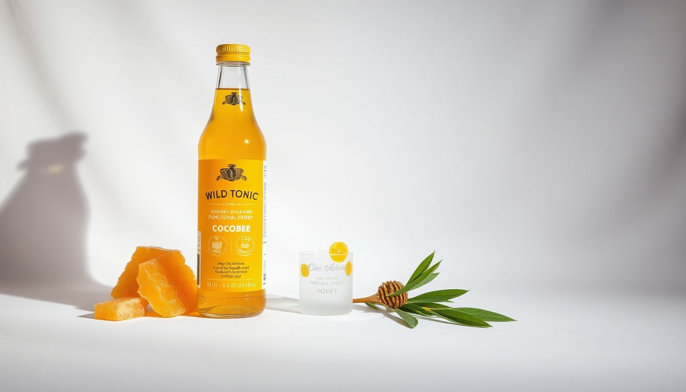 A photorealistic studio still-life photograph featuring a glass bottle of Wild Tonic's CocoBee Functional Energy drink, along with raw honey comb and green tea leaves, all arranged elegantly on a clean white background with dramatic lighting and shadows to represent the brand's focus on natural, functional ingredients.