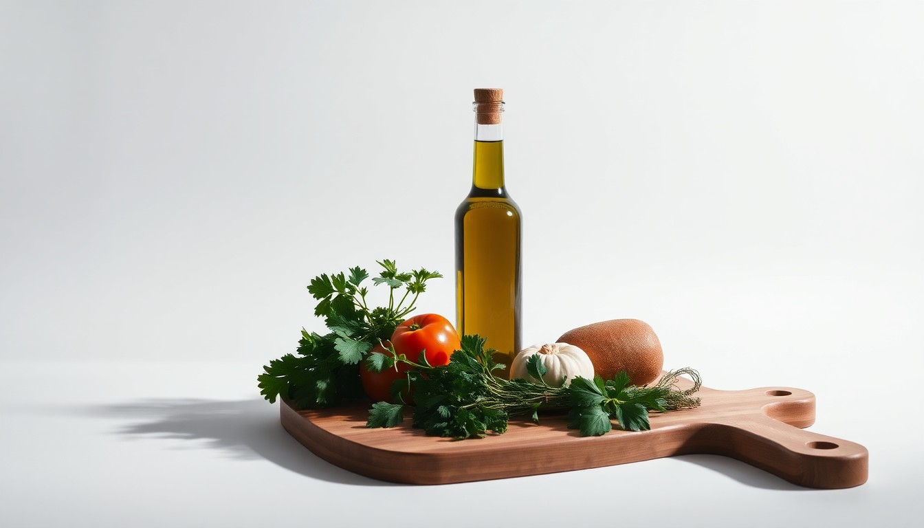 A high-end, photorealistic studio still-life photograph featuring a clean, monochromatic background with a carefully arranged set of premium grocery items, such as a glass bottle of olive oil, a bundle of fresh herbs, and a wooden cutting board, lit dramatically to create deep shadows and highlight the textures and materials, conveying a sense of quality and craftsmanship.