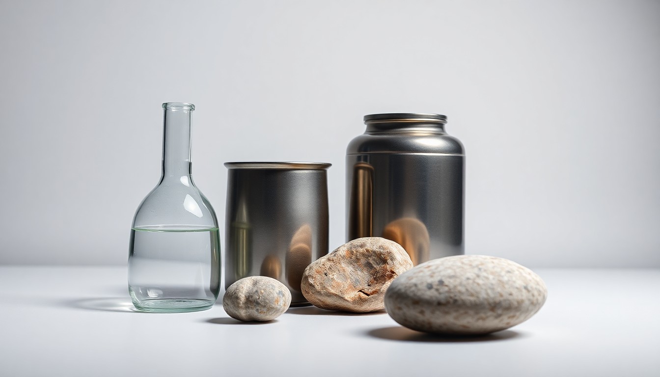A high-end, photorealistic studio still-life photograph featuring a carefully arranged composition of premium, polished objects representing the business of agricultural inputs and fertilizer supply, including a glass beaker, a metal canister, and a smooth stone. The objects are set against a clean, monochromatic background with dramatic studio lighting and deep shadows, conveying a sense of precision, quality, and strategic importance.