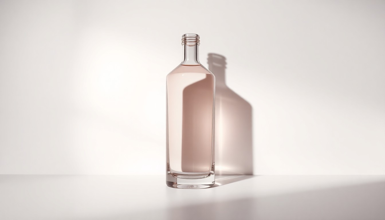 A high-end, photorealistic studio still-life photograph featuring a polished, geometric glass bottle casting dramatic shadows on a clean, monochromatic background, conceptually representing the premium brand and corporate strategy of the Mary Kay cosmetics company.