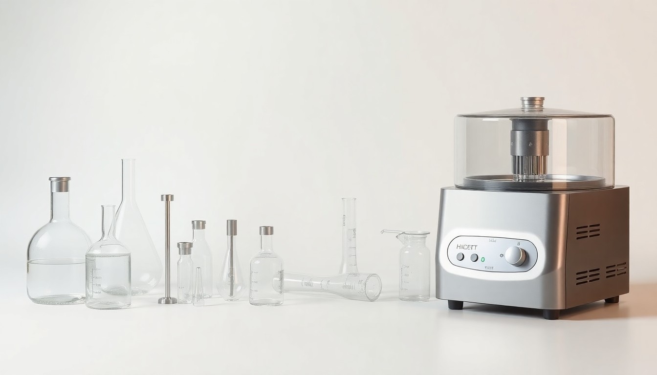 A photorealistic studio still life featuring polished metal and glass laboratory equipment arranged elegantly on a clean white background, conceptually representing the advanced biomanufacturing technology behind Transcenta's HiCB platform.
