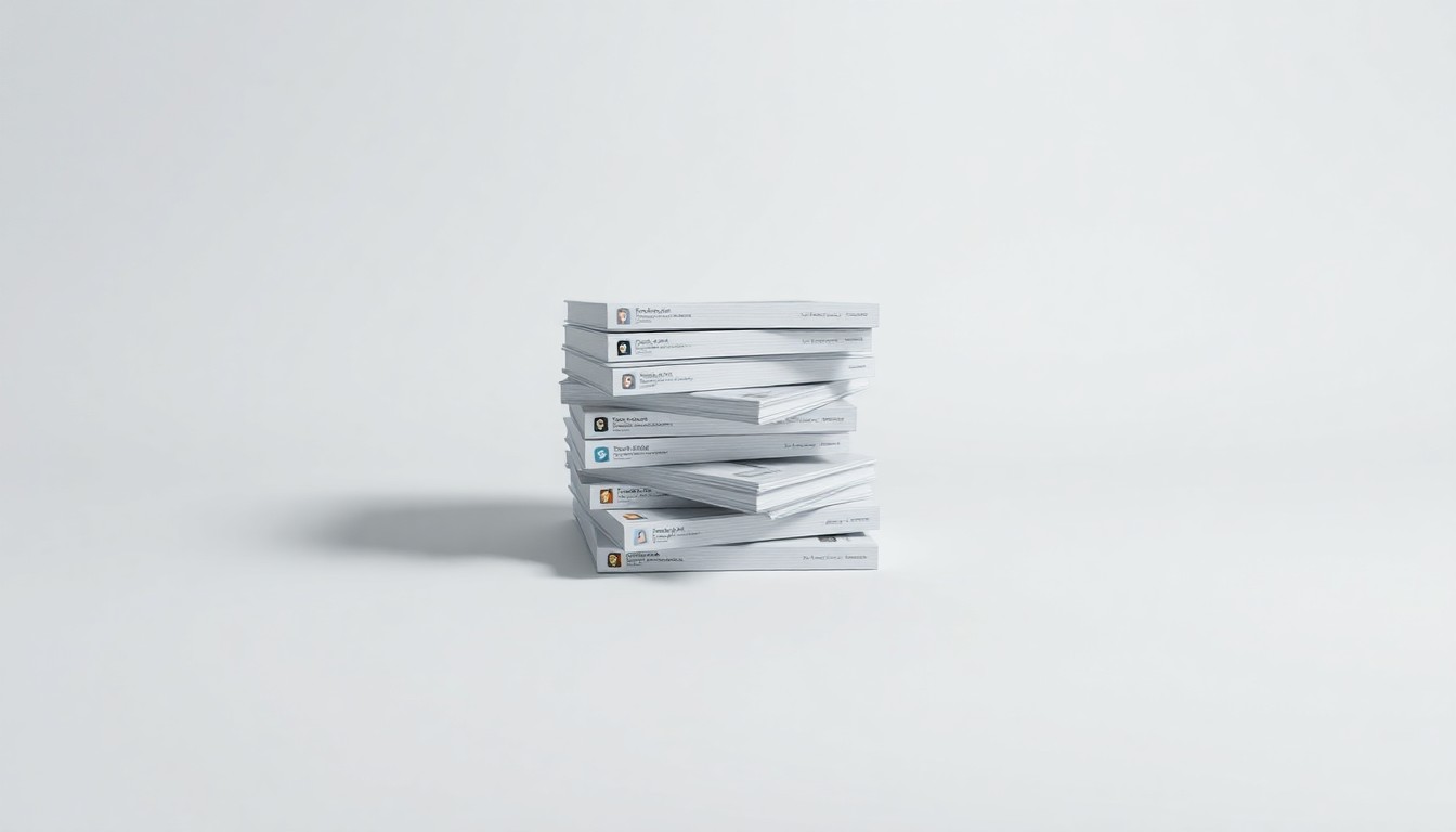 A high-end, photorealistic studio still-life photograph featuring a stack of professional networking profiles and social media accounts arranged elegantly on a clean, monochromatic background, symbolizing the shift of workplace misconduct risks from the office to online professional networks.
