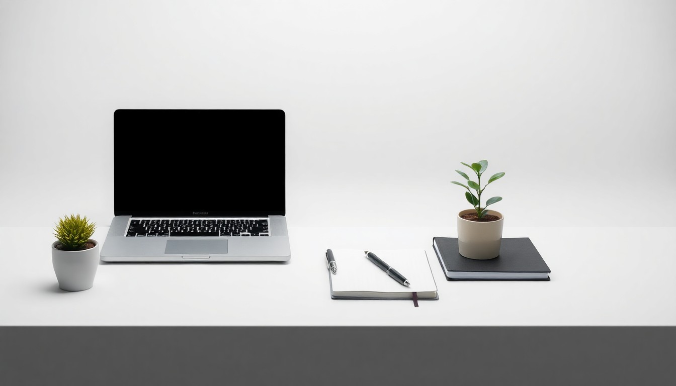 A minimalist studio still life featuring a laptop, pen, notebook, and small potted plant arranged elegantly on a clean, monochromatic background, conceptually representing the abstract ideas of entrepreneurship and economic development in Maury County.