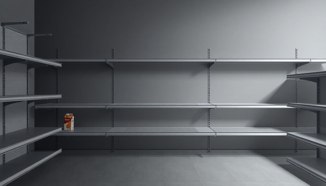 A minimalist studio still life photograph depicting a neatly arranged display of empty metal grocery store shelves, with a few scattered items like a carton of milk and a loaf of bread, conveying a sense of absence and loss.