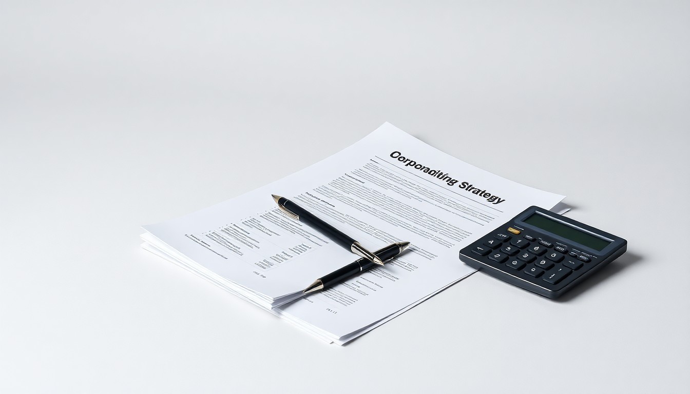 A high-end, photorealistic studio still-life photograph featuring a stack of financial documents, a pen, and a calculator arranged elegantly on a clean, monochromatic background, conceptually representing the corporate strategy and finance behind IperionX's ownership changes.