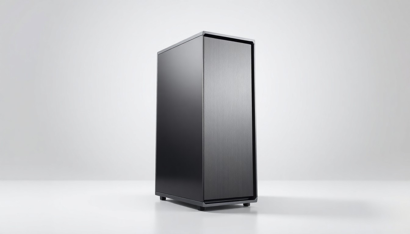 A highly detailed, photorealistic studio photograph of a sleek, angular data server tower made of brushed aluminum and tempered glass, floating on a clean white background and dramatically lit to emphasize the abstract power of modern digital technology.