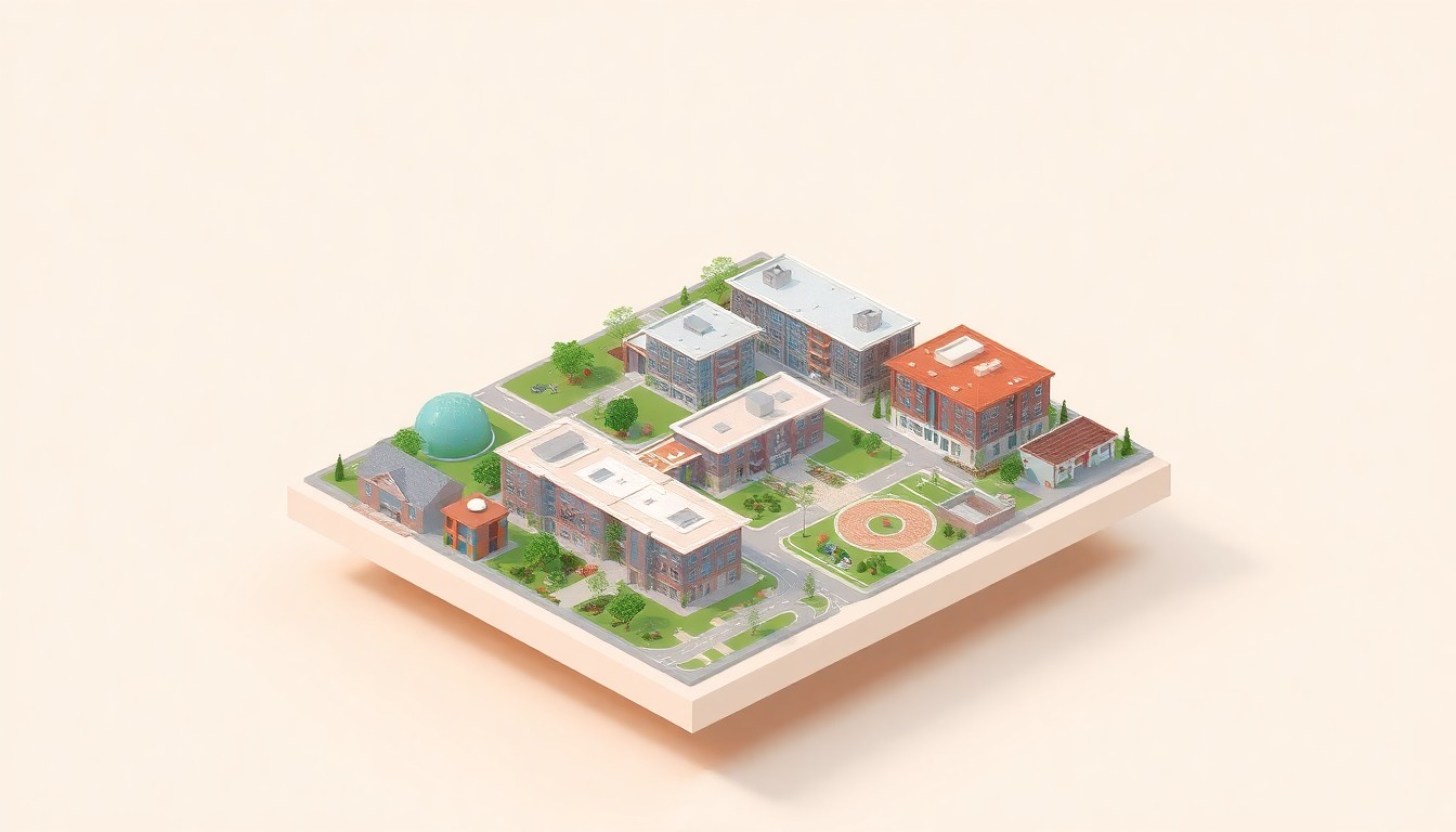 A miniature, stylized 3D illustration of a modern multifamily residential community with various buildings, amenities, and landscaping elements, conveying the premium living experience of the new Alta Watkins development in Morrisville, North Carolina.