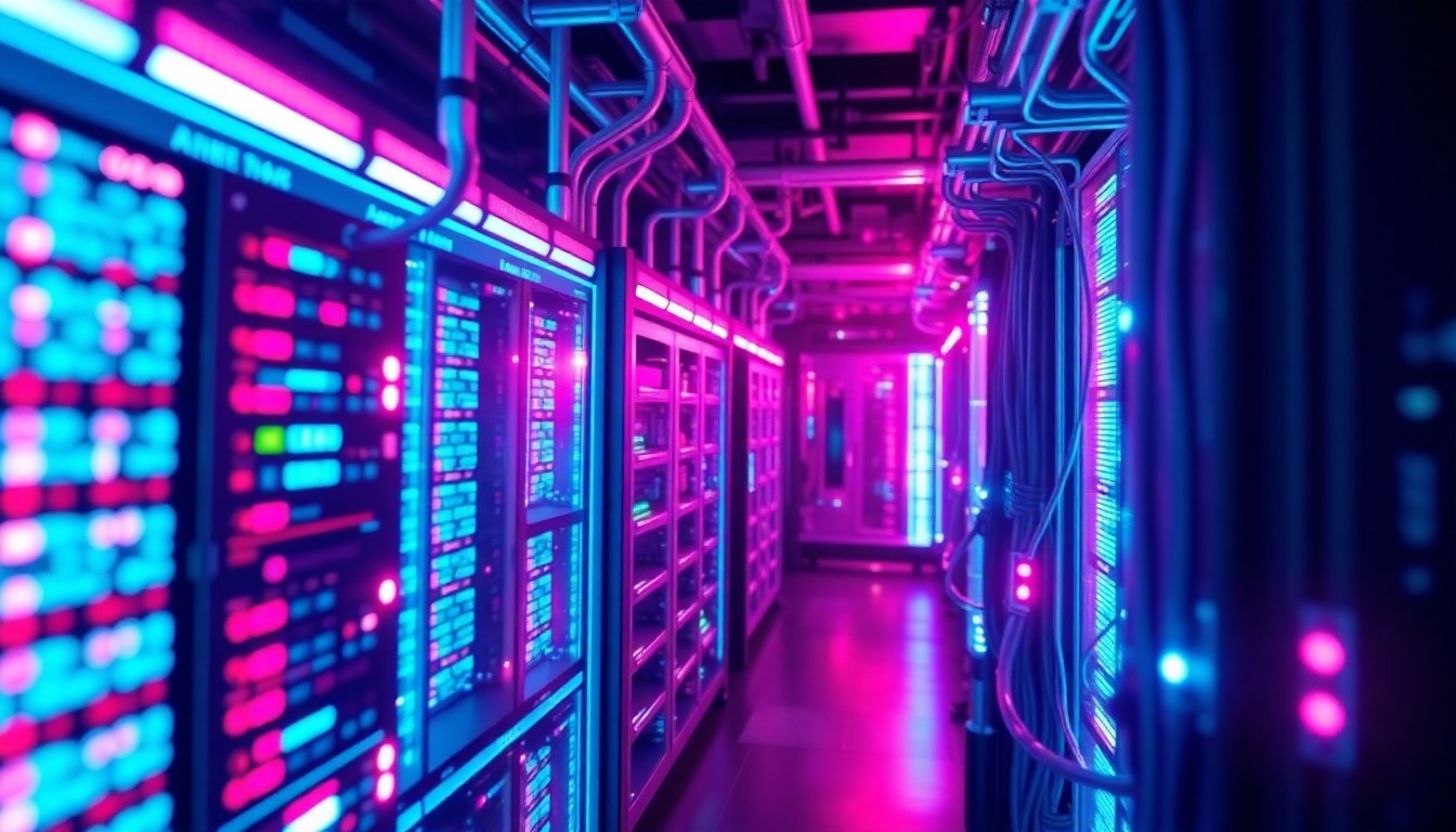 A highly detailed, glowing 3D illustration of a complex financial technology infrastructure, with servers, cables, and sensors illuminated by vibrant neon lights, conceptually representing the modernization of risk and compliance systems.