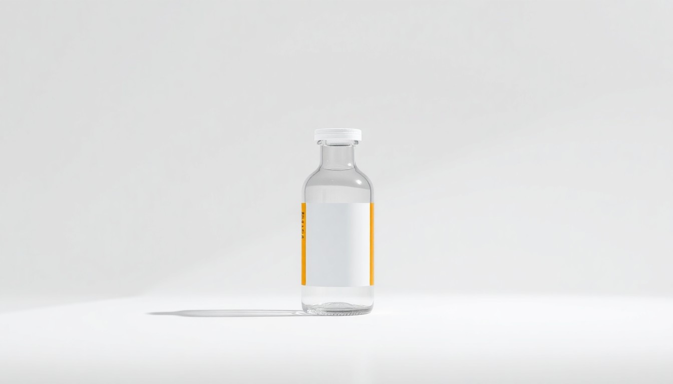 A highly detailed, photorealistic studio still life photograph of a single glass medicine bottle with a simple label, dramatically lit against a clean white background to symbolize the launch of a new pharmaceutical product.