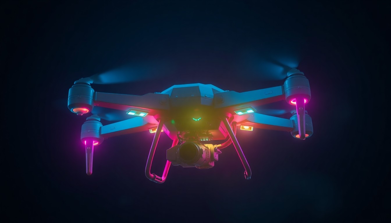 A highly detailed 3D illustration of a glowing, futuristic military drone or unmanned aerial vehicle, its internal components illuminated by neon cyan and magenta lights, suspended against a dark, moody background to convey the power and technological sophistication of modern military hardware.