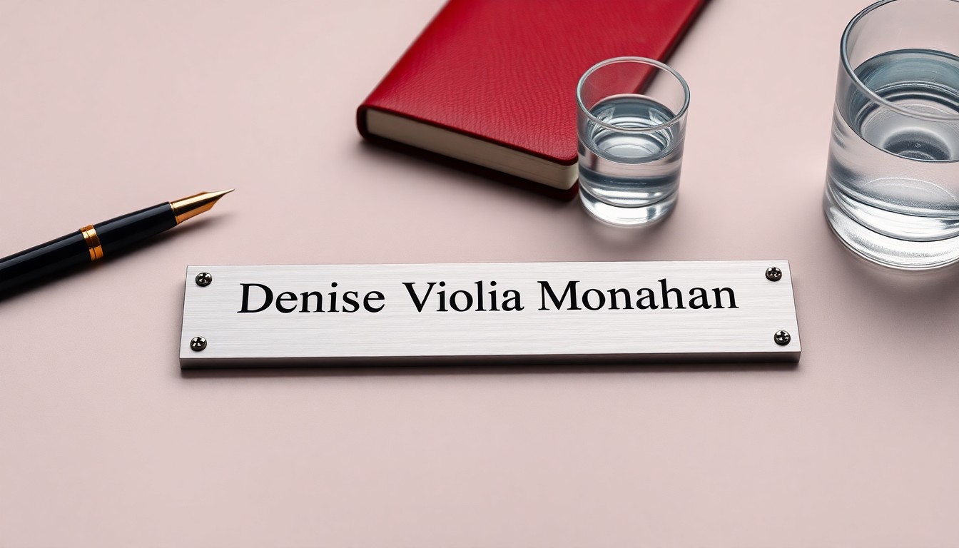 A high-end, photorealistic studio still-life photograph featuring a polished metal nameplate and other premium corporate objects, conceptually representing Denise Viola Monahan's new leadership role and M&T Bank's community-focused approach.