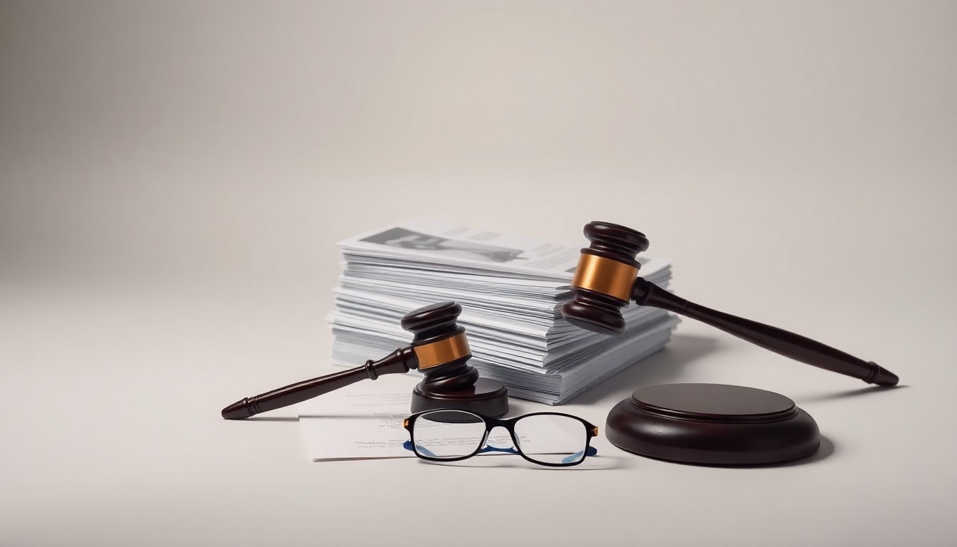 A photorealistic studio still life featuring a stack of legal documents, a gavel, and a pair of reading glasses arranged on a clean, monochromatic background, conceptually representing the abstract work of bankruptcy attorneys.