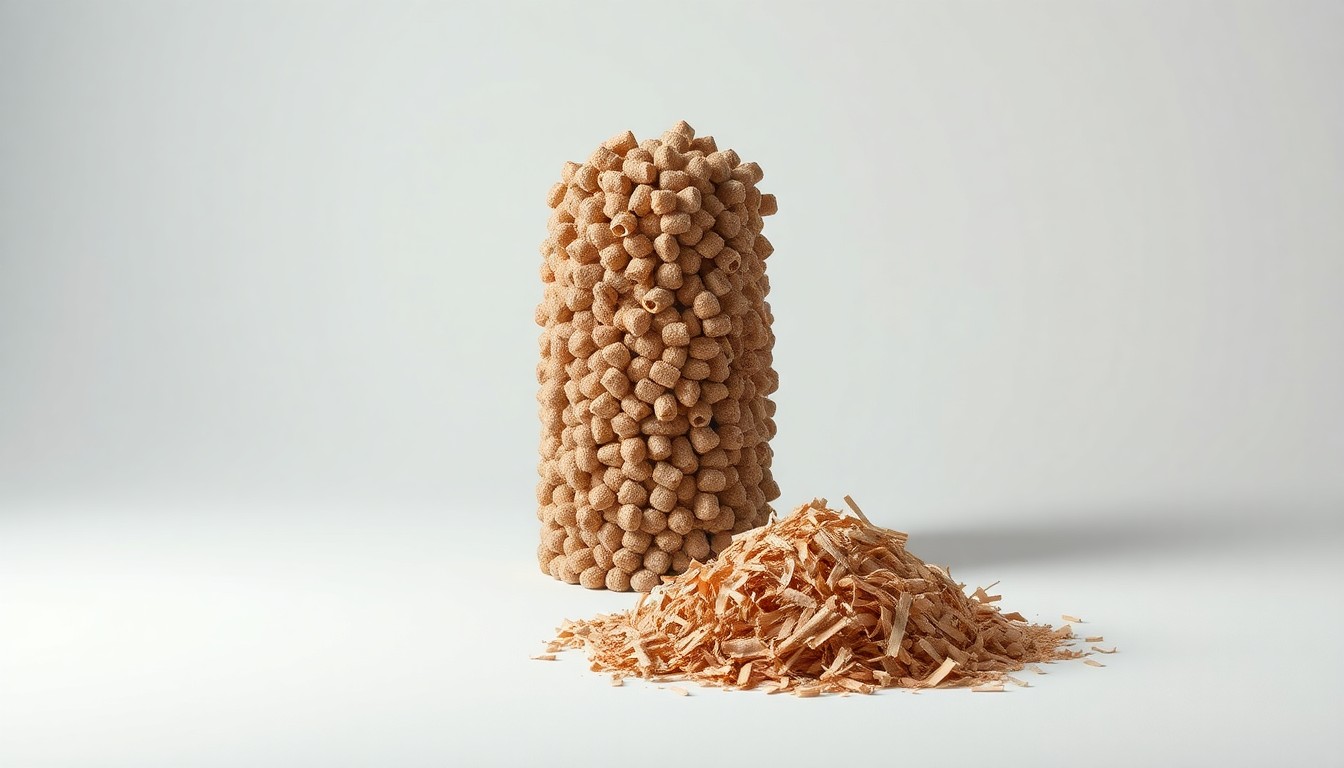A high-end, photorealistic studio still-life featuring a stack of industrial fuel pellets and a small pile of shredded cardboard on a clean, monochromatic background, symbolizing the tension between approved and unapproved biomass fuels.