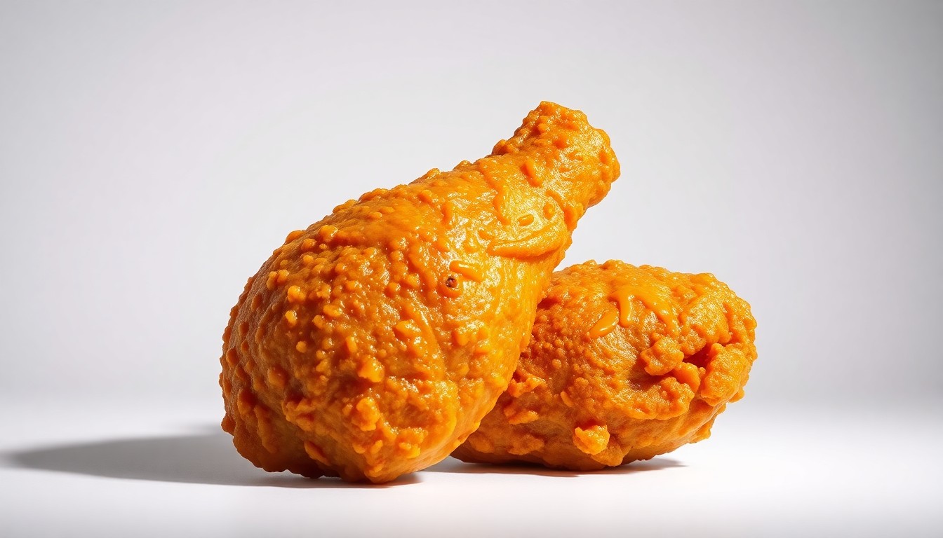 A close-up, high-contrast photograph of a golden-brown Jollibee Chickenjoy fried chicken drumstick and thigh, arranged elegantly on a clean white background and lit dramatically to showcase the dish's premium texture and flavor.