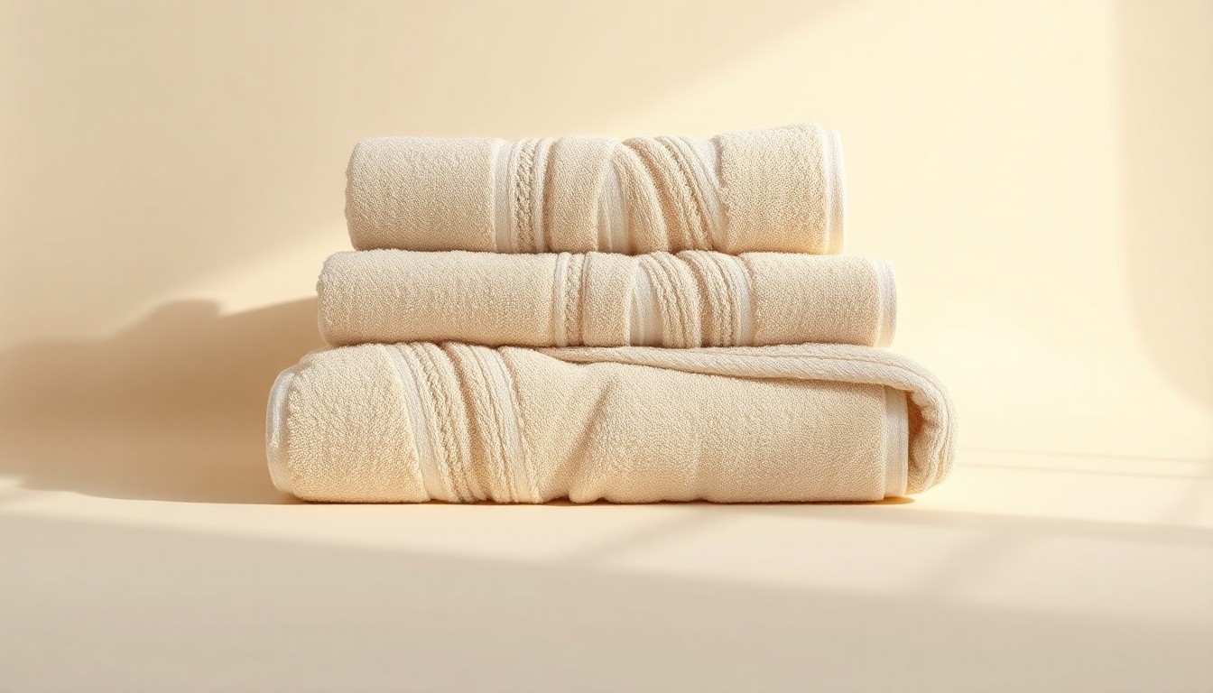 A high-end studio photograph of a stack of plush, zero-twist towels in a neutral color palette, conveying a sense of quality and sustainability through the use of dramatic lighting and clean, minimalist styling.