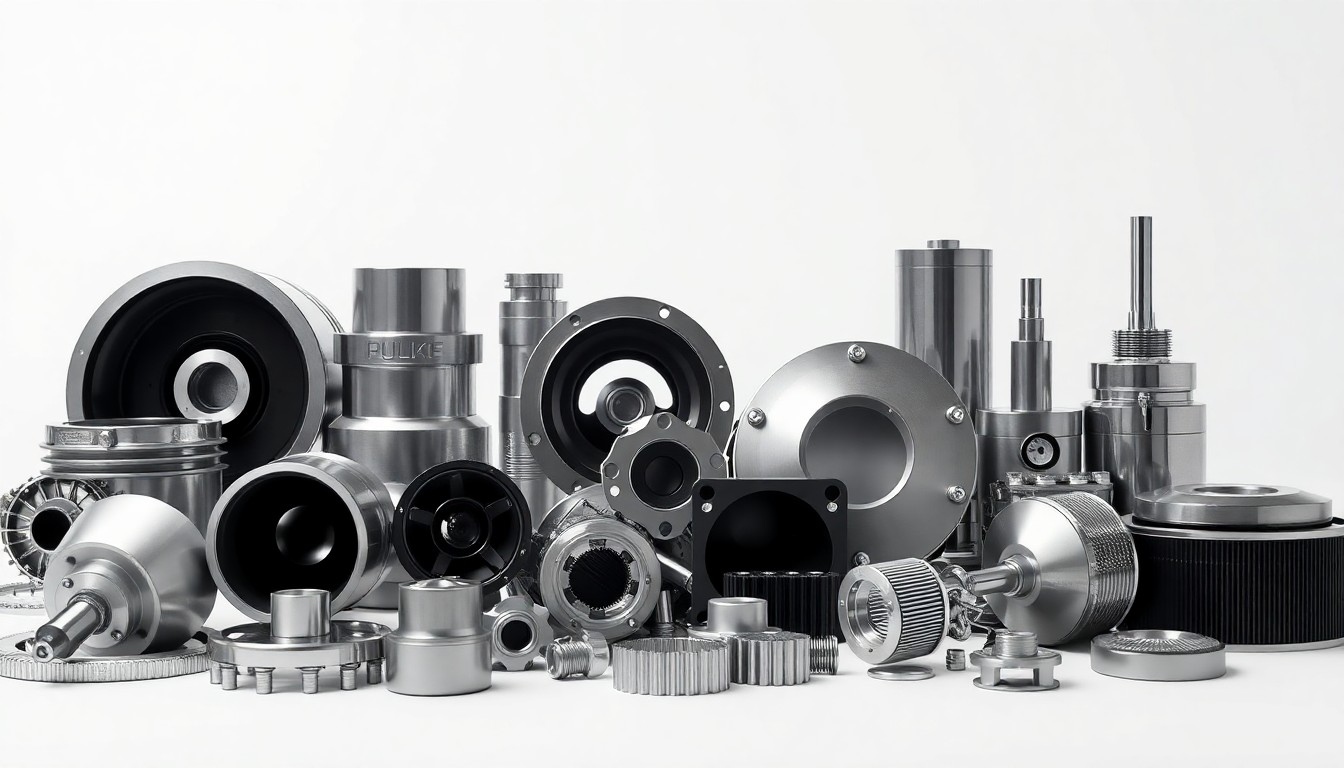 A photorealistic studio still life featuring a collection of shiny, metallic automotive components and parts arranged in an elegant, minimalist composition on a clean white background.