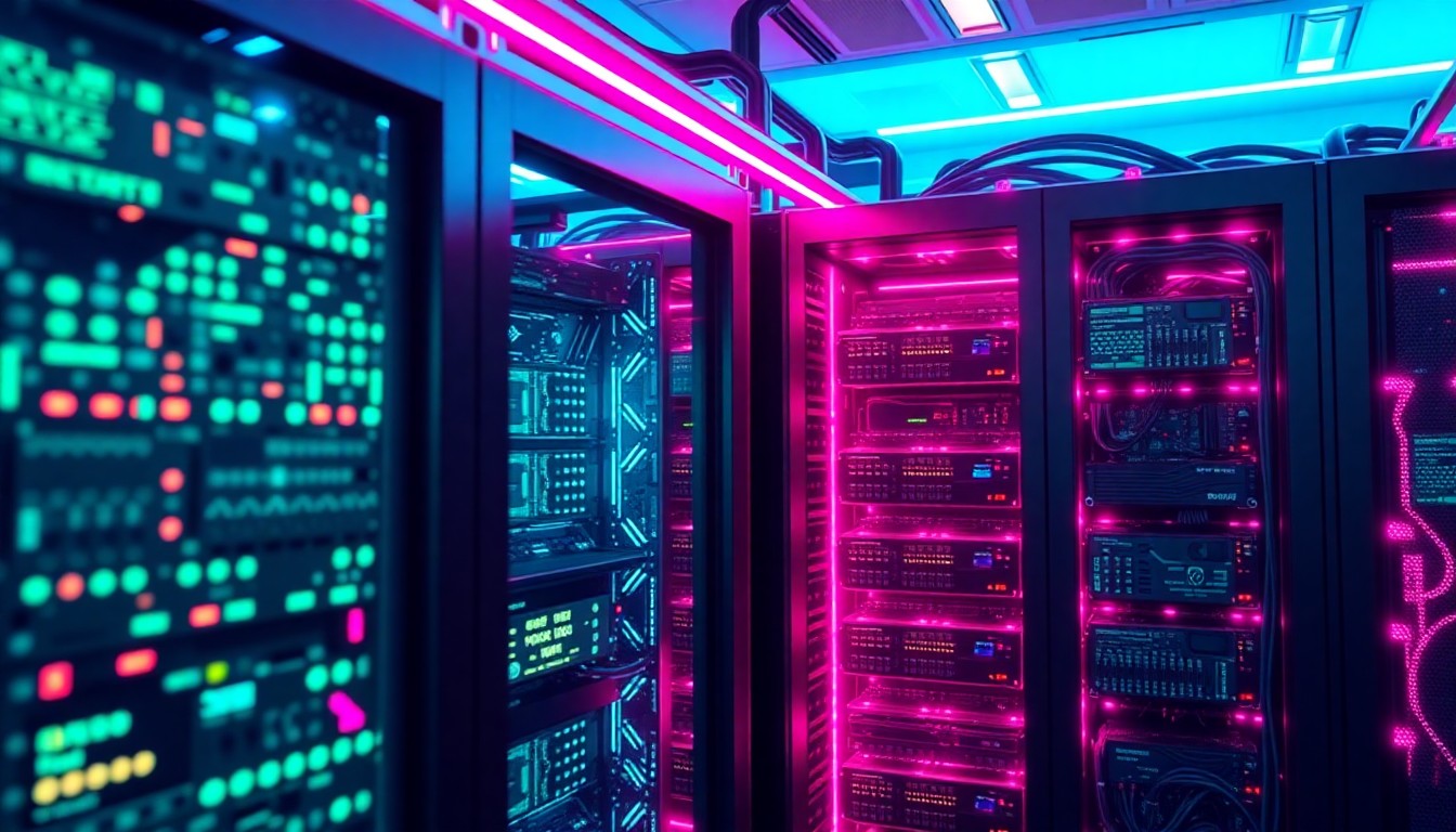 A highly detailed, glowing 3D illustration of a futuristic AI-powered data center server rack, with neon cyan and magenta lights illuminating the intricate hardware components, conceptually representing the power and complexity of AI-driven IT infrastructure.