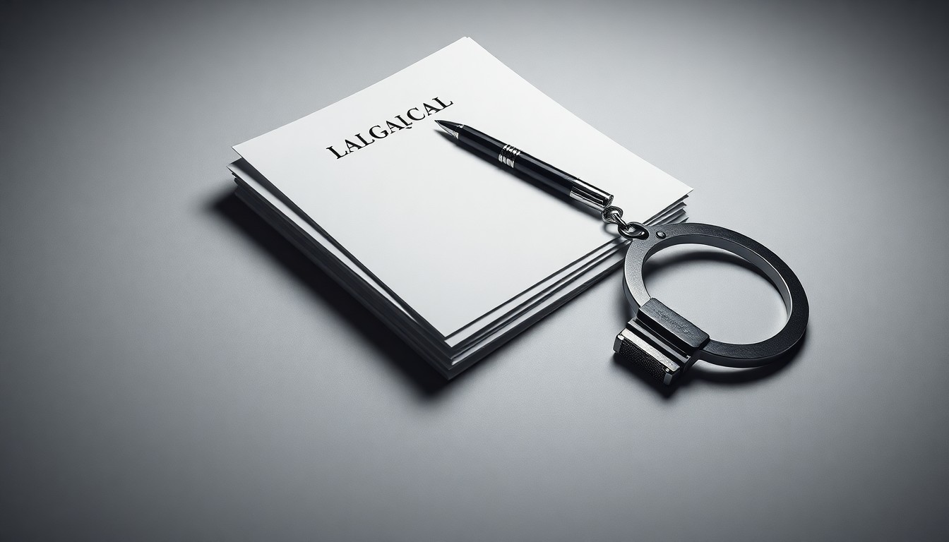 A high-end, photorealistic studio still-life photograph featuring a stack of crisp legal documents, a pen, and a pair of handcuffs arranged elegantly on a clean, monochromatic background, symbolizing the abstract corporate strategy and legal implications of noncompete agreements.