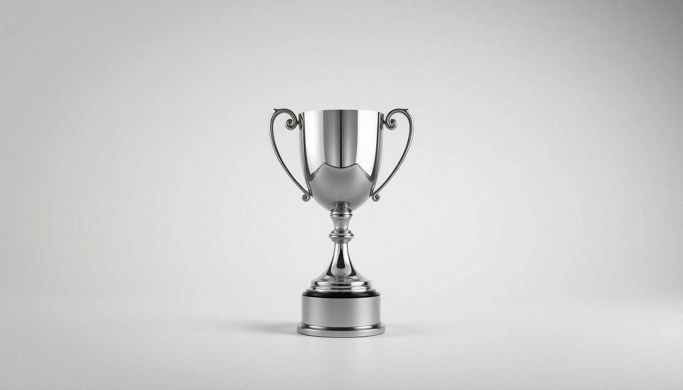 A high-end, photorealistic studio still-life photograph featuring a polished metal trophy or award on a clean, monochromatic background, using dramatic lighting to convey a sense of prestige and accomplishment.
