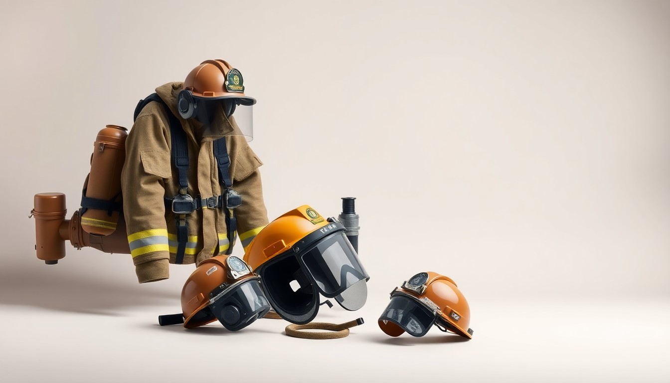 A minimalist studio still life featuring a collection of polished, geometric industrial safety equipment and protective gear in muted earth tones and metallic accents, symbolizing Lakeland's specialized product portfolio.