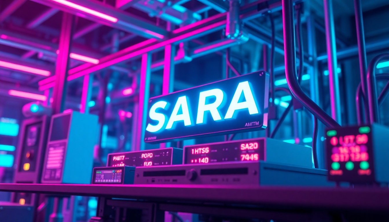 A highly detailed, glowing 3D illustration of various cybernetic security hardware components, including sensors and control panels, illuminated by vibrant neon lights, conceptually representing AITX's advanced AI-driven security technology.