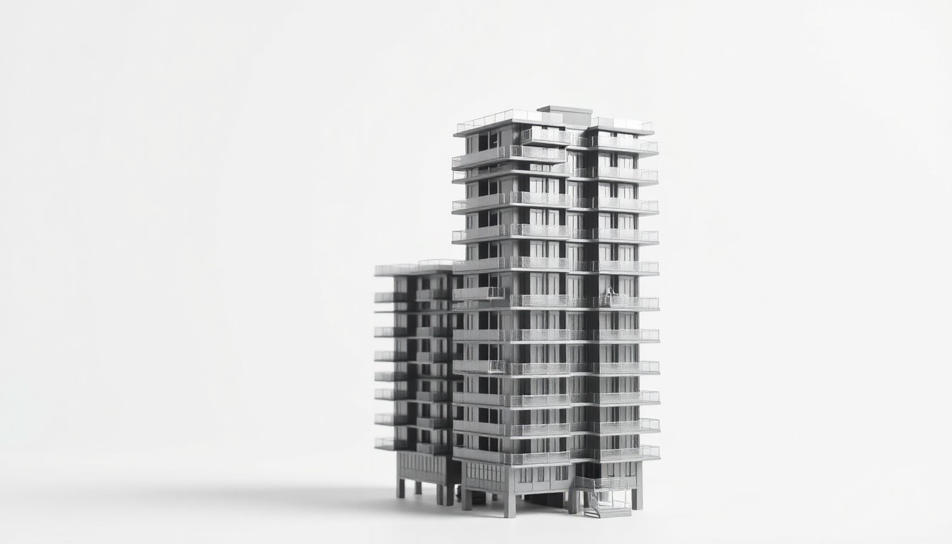 A highly stylized, minimalist studio photograph featuring a scale model of a modern multi-story apartment building made of polished metal and glass, floating against a clean white background to symbolize the growth of urban residential development.