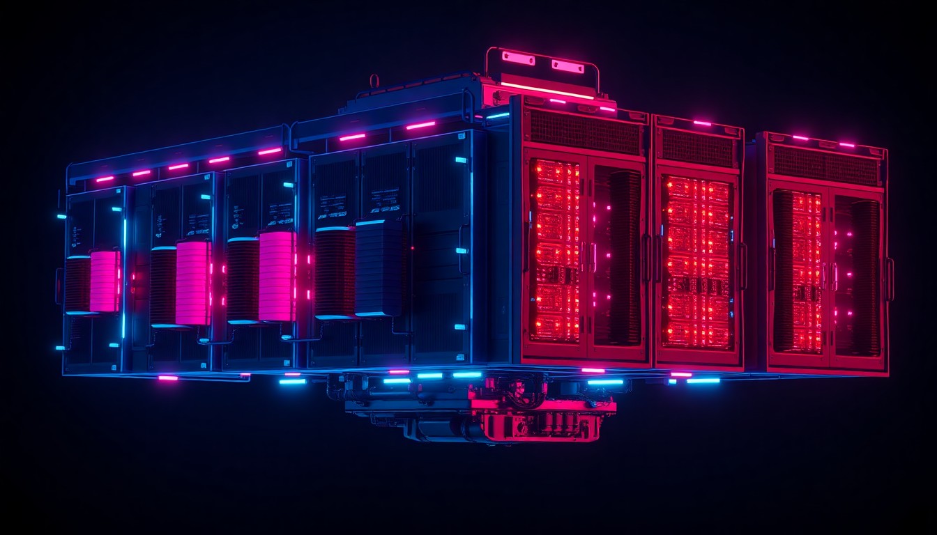 A highly detailed, glowing 3D illustration of a modular, multi-paneled orbital data center module featuring recognizable components like heat radiators, solar panels, and data processing units illuminated by neon cyan and magenta lights, conceptually representing the future of space-based computing infrastructure.