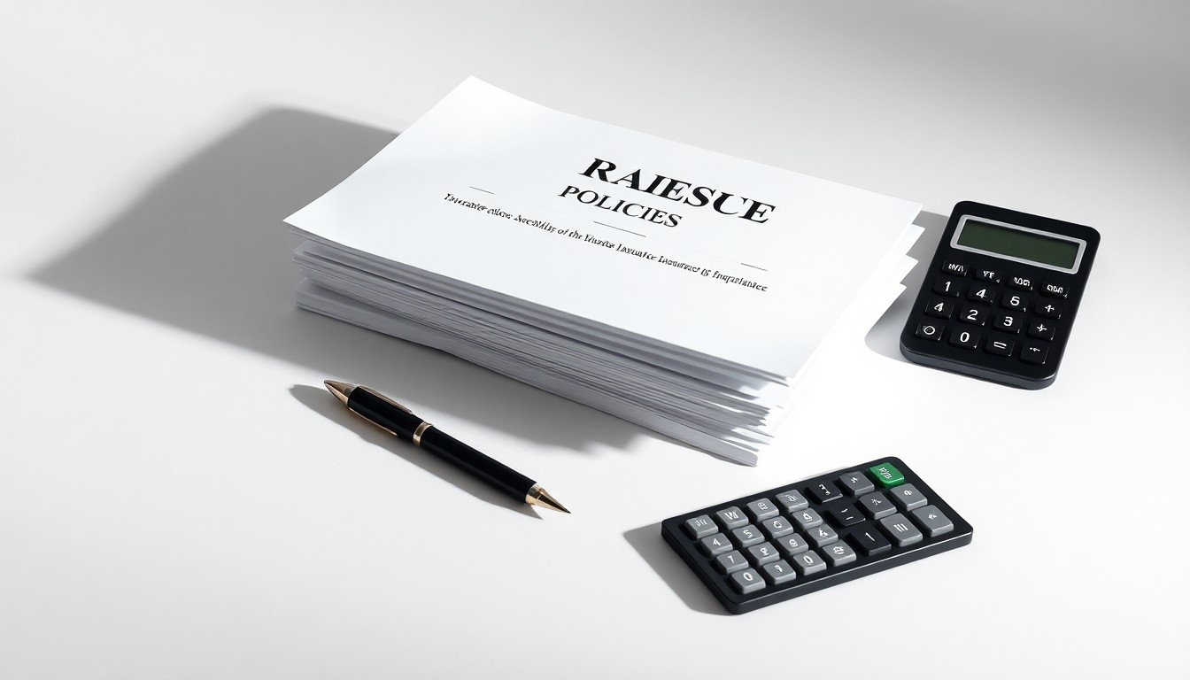 A photorealistic studio still life featuring a stack of insurance documents, a pen, and a calculator arranged on a clean, monochromatic background, conceptually representing the financial performance and strategic direction of the specialty insurance industry.