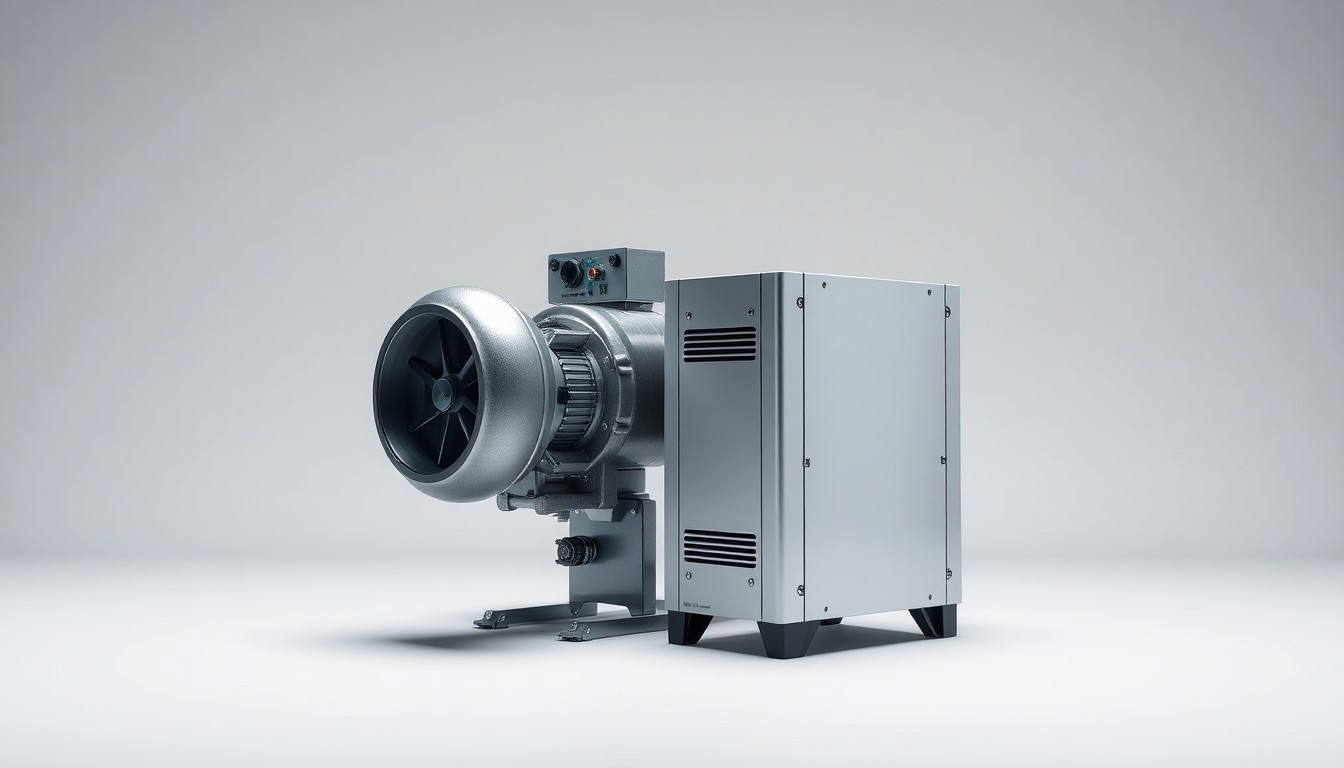 A photorealistic studio still life featuring a sleek, metallic microturbine engine component and a polished glass energy storage module, symbolizing Capstone Green Energy's innovative renewable energy solutions.