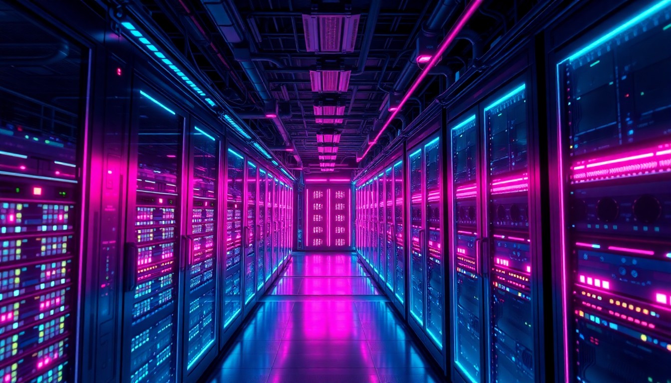 A highly detailed, glowing 3D illustration of a futuristic cloud computing data center, with neon cyan and magenta lights illuminating the intricate network of servers, cables, and cooling systems, conveying a sense of scale, power, and technological innovation in the cloud computing industry.