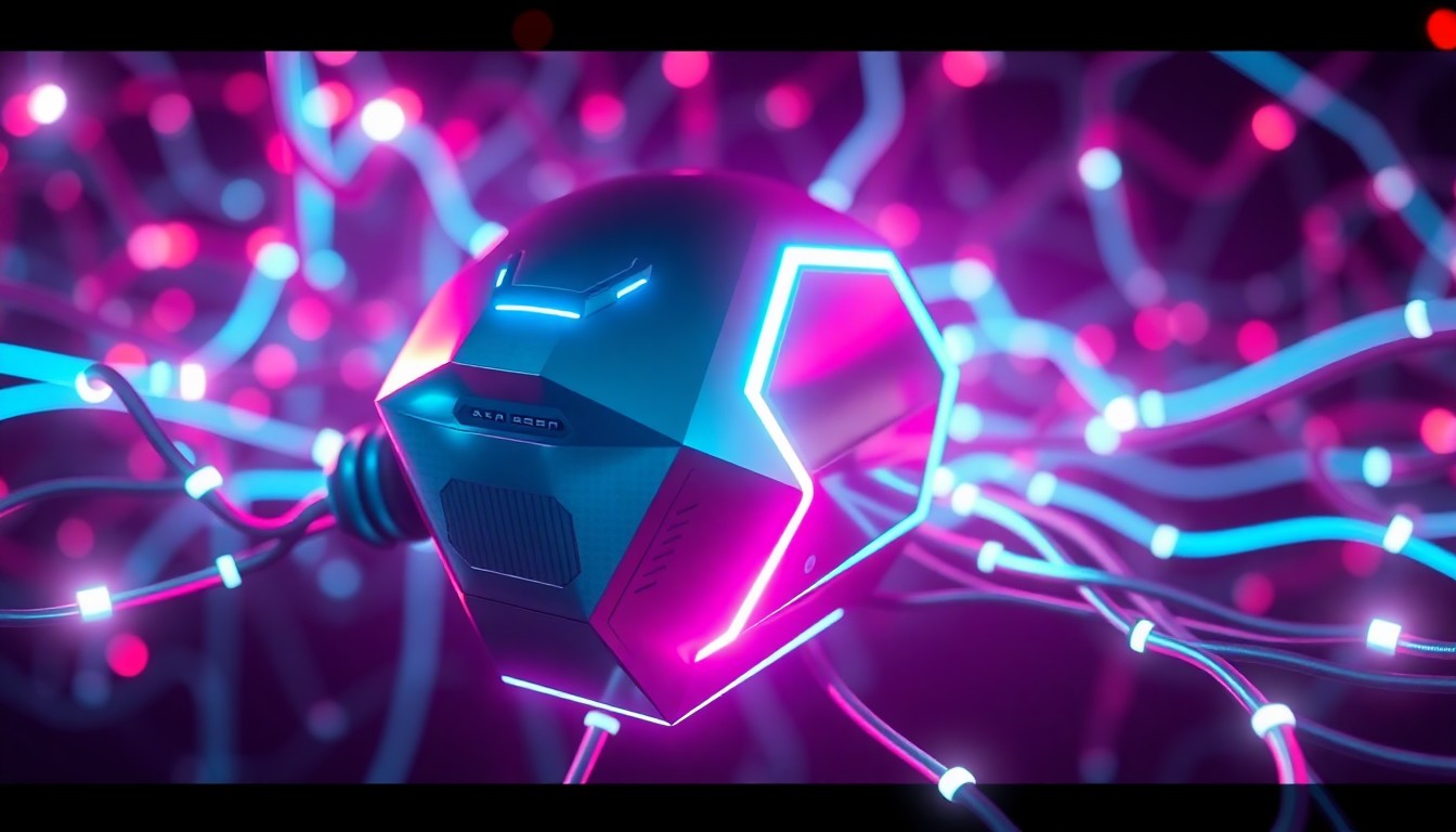 A highly detailed 3D illustration of a glowing, neon-lit AI agent or software bot, surrounded by a network of luminous data cables and circuits. The agent is depicted as a sleek, geometric shape with subtle metallic accents, illuminated by pulsing cyan and magenta lights, conceptually representing the expanding role of AI in the tech industry.
