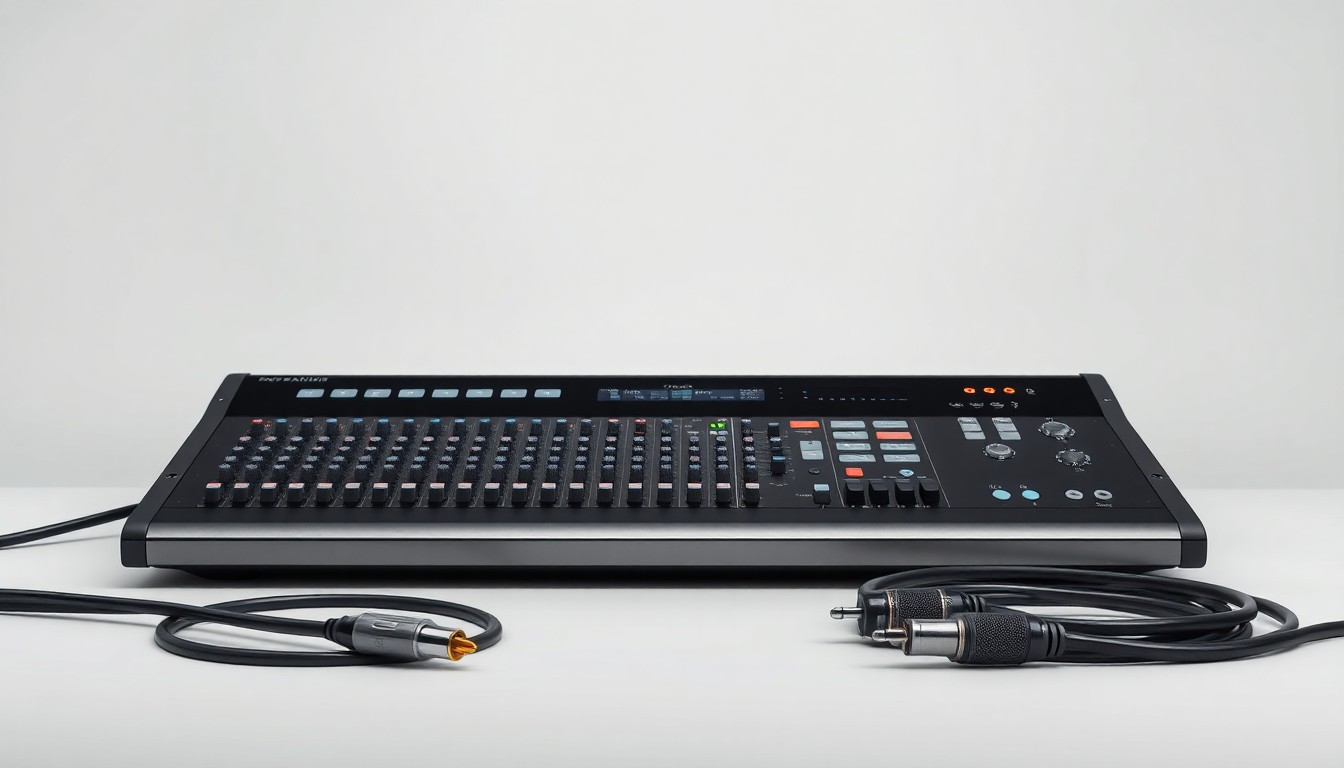 A minimalist studio still life photograph featuring a sleek, modern audio mixing console and professional audio cables arranged elegantly on a clean, monochromatic background, conceptually representing the intersection of media technology and workflow control.