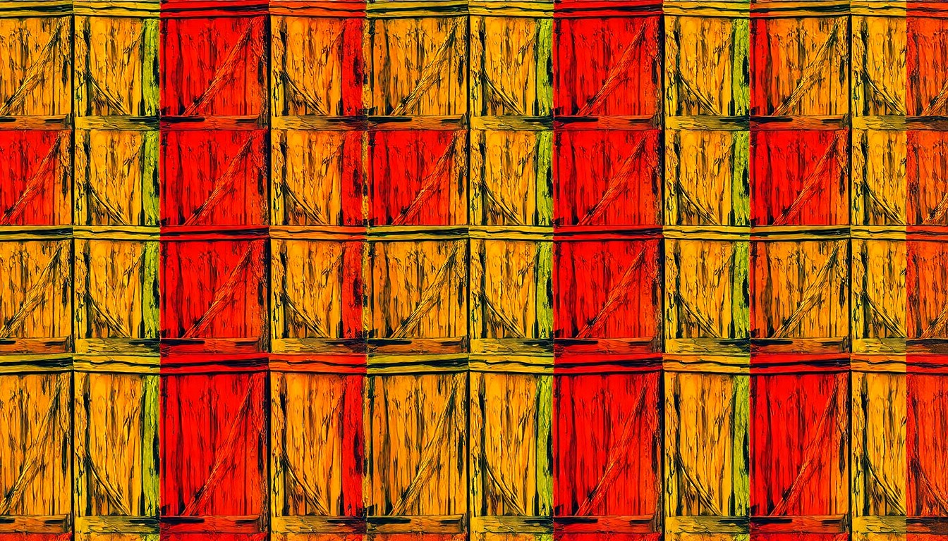 A vibrant, high-contrast silkscreen print featuring a repeating pattern of a rustic wooden barn door in shades of green, brown, and red, conveying the historic character and rural setting of the 5-acre property.